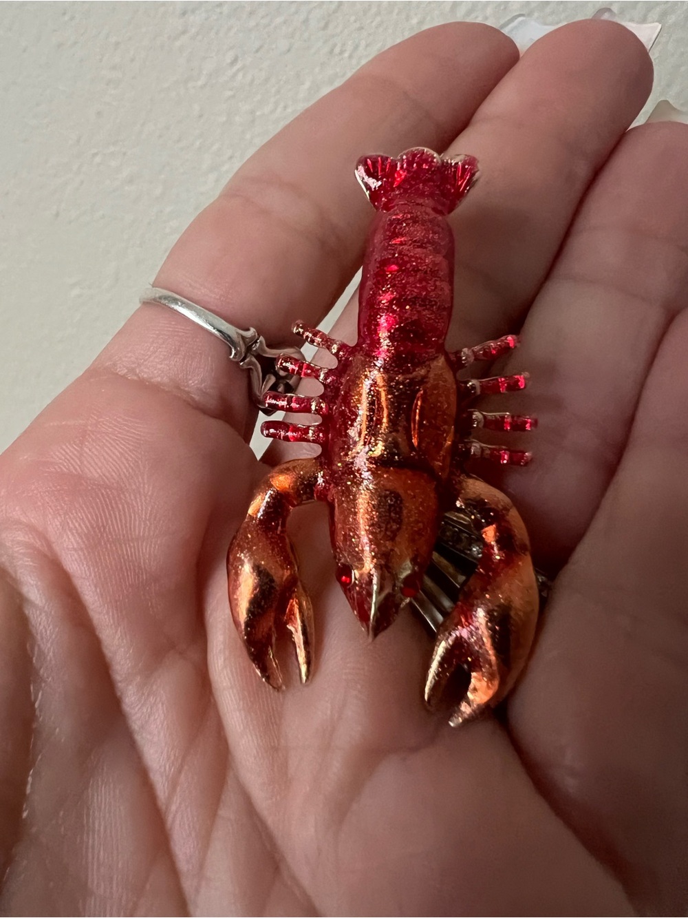 Lobster Sparkley Red Gold Tone Coastal Brooch